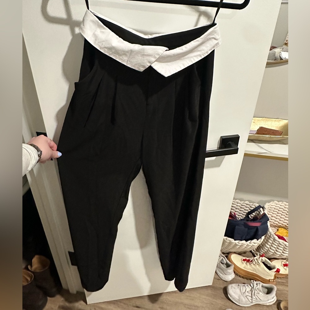Bloomingdales Aqua High-Waist Black Pants with White Fold-Over Waistband